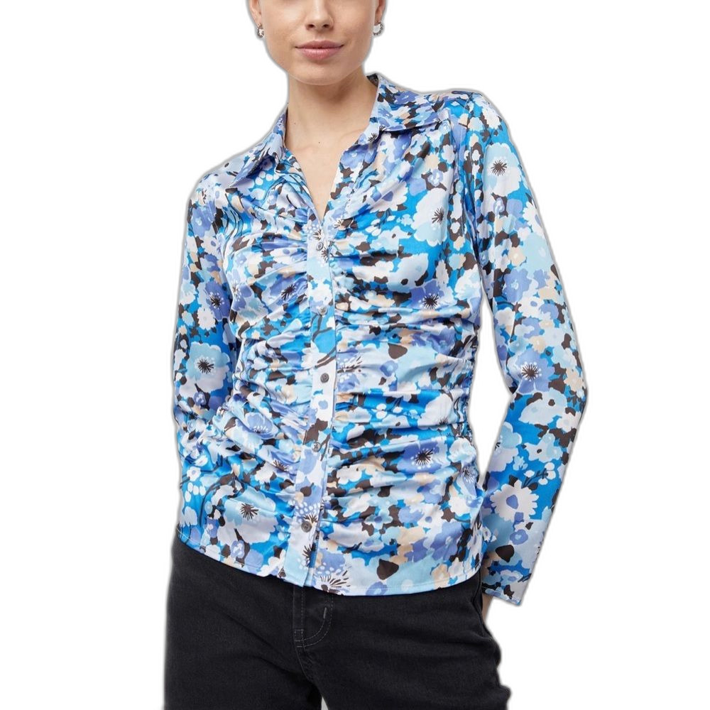 Rails Lisa Ruched Fitted Button Down 70’s Inspired Blouse Blue Floral Size Small
